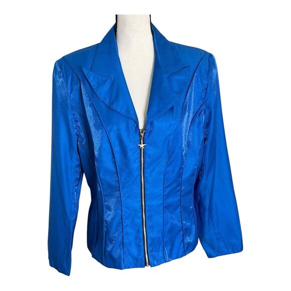 Mary McFadden Dresses & Skirts - Vtg Mary McFadden 2 Pc Skirt Suit Lined  Front‎ Zip Jacket Sz 14 Metallic Blue